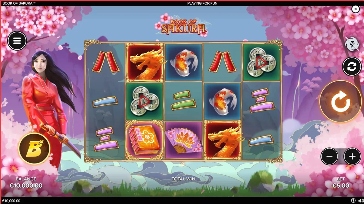 Uma visão detalhada da interface do jogo Book of Sakura com elementos temáticos japoneses e flores de cerejeira.
