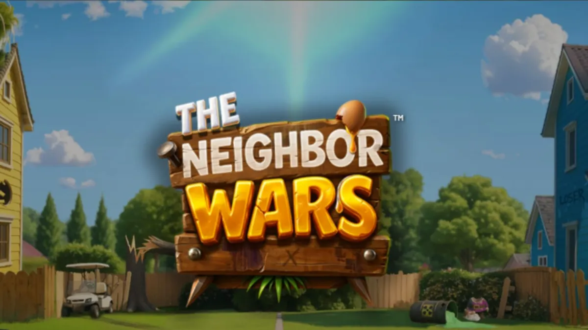 Cena animada e cômica do jogo de slot The Neighbor Wars com vizinhos em conflito